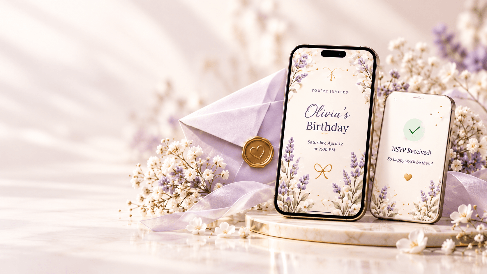 MojVibe digital invitation and guest RSVP shown on two phones, with a pastel floral envelope